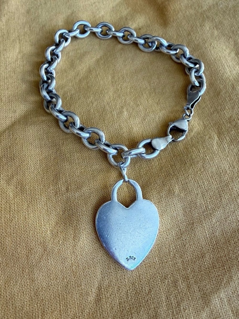 Sterling 925 Silver Thick Link Chain Bracelet With 925 Vintage Heart Charm